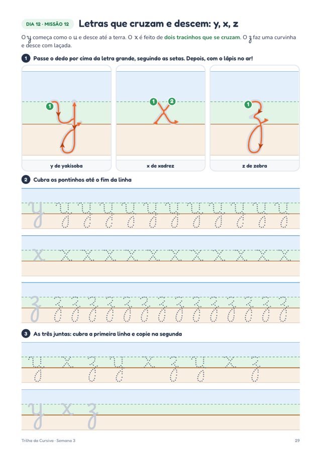 Página com setas de traçado das letras y, x e z